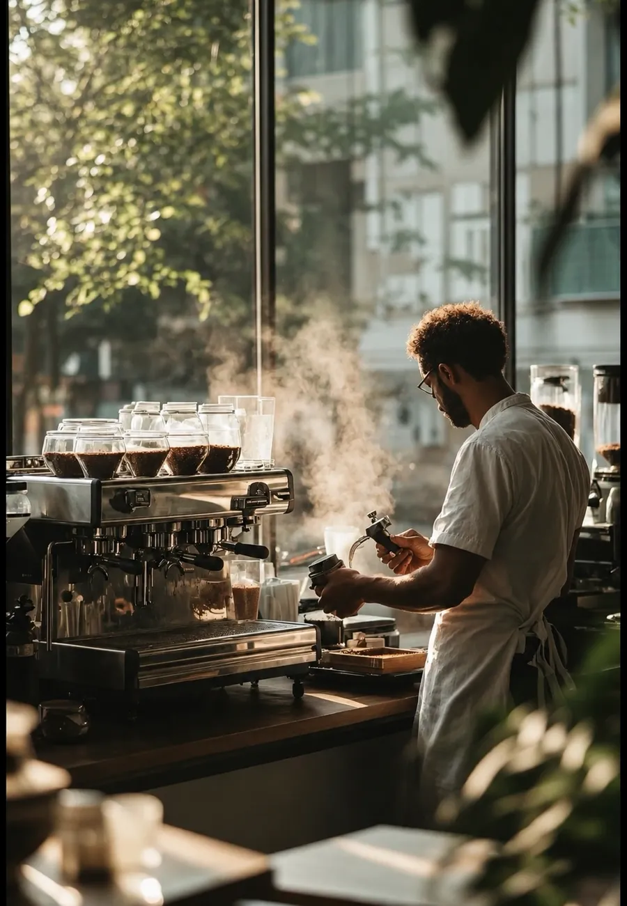 A barista pulling shots on a two-group machine in a daylit coffee bar