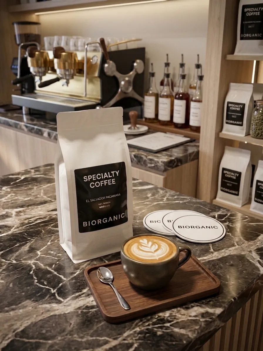 A Biorganic retail bag and a flat white on a café counter, with the espresso machine and shelved stock behind