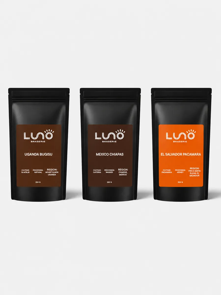 Three Luno Braserie 250g bags - Uganda Bugisu, Mexico Chiapas and El Salvador Pacamara - filled and labelled for the client